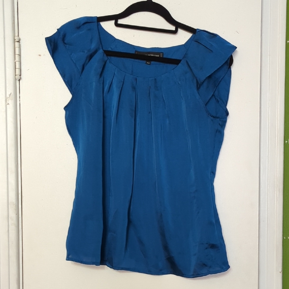 Blue Flutter Sleeve Pleated Satin Blouse
